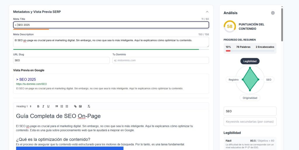 Captura de pantalla de nuestro Asistente de Textos SEO
